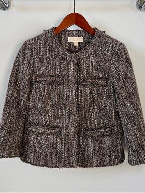 Michael Kors Women Blazer Brown & Cream Tweed Fringe-Trim Jacket size 8